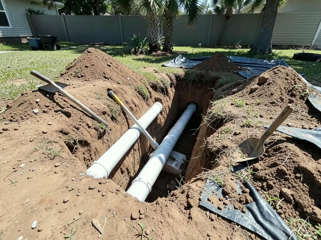 New sewer pipe in a sandy trench