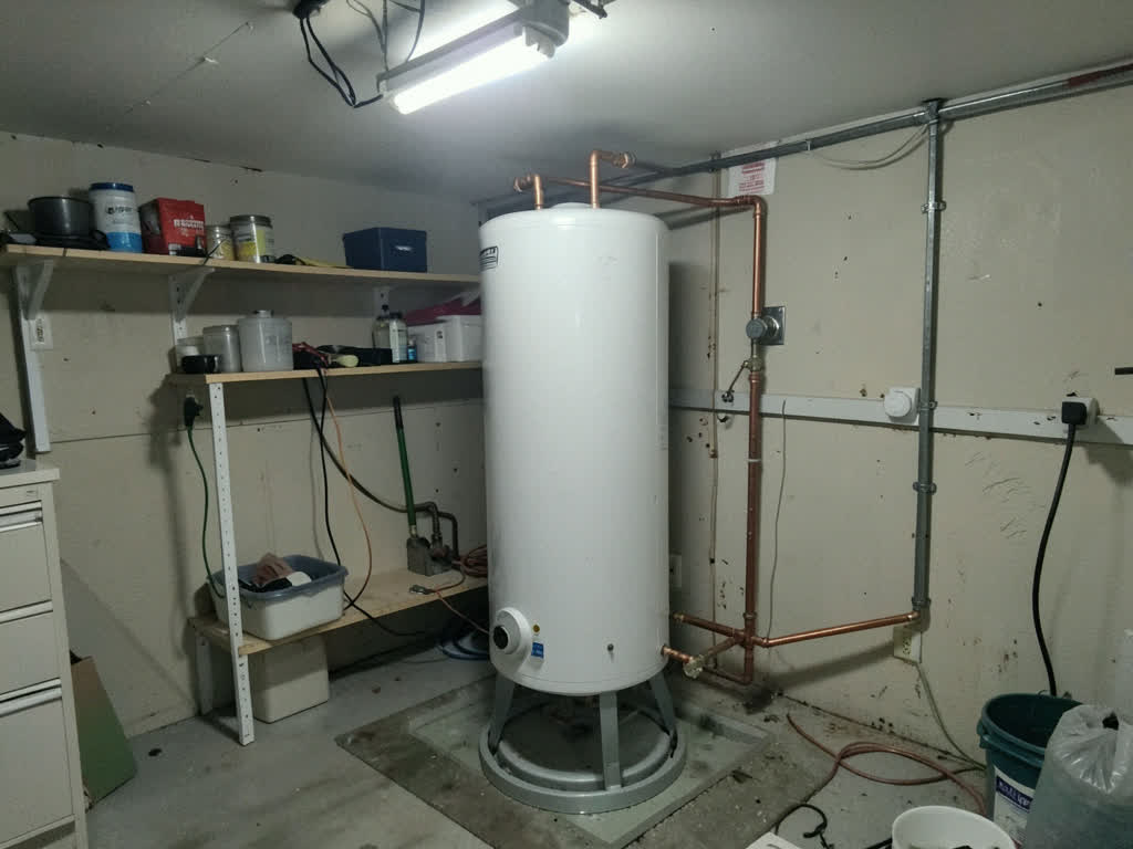 A newly installed tank water heater in a Florida garage
